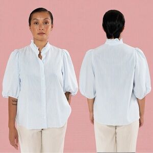 SAMSOE SAMSOE Women’s Suzia Blouse In Ibiza St. Striped Button Down Blouse Sz L